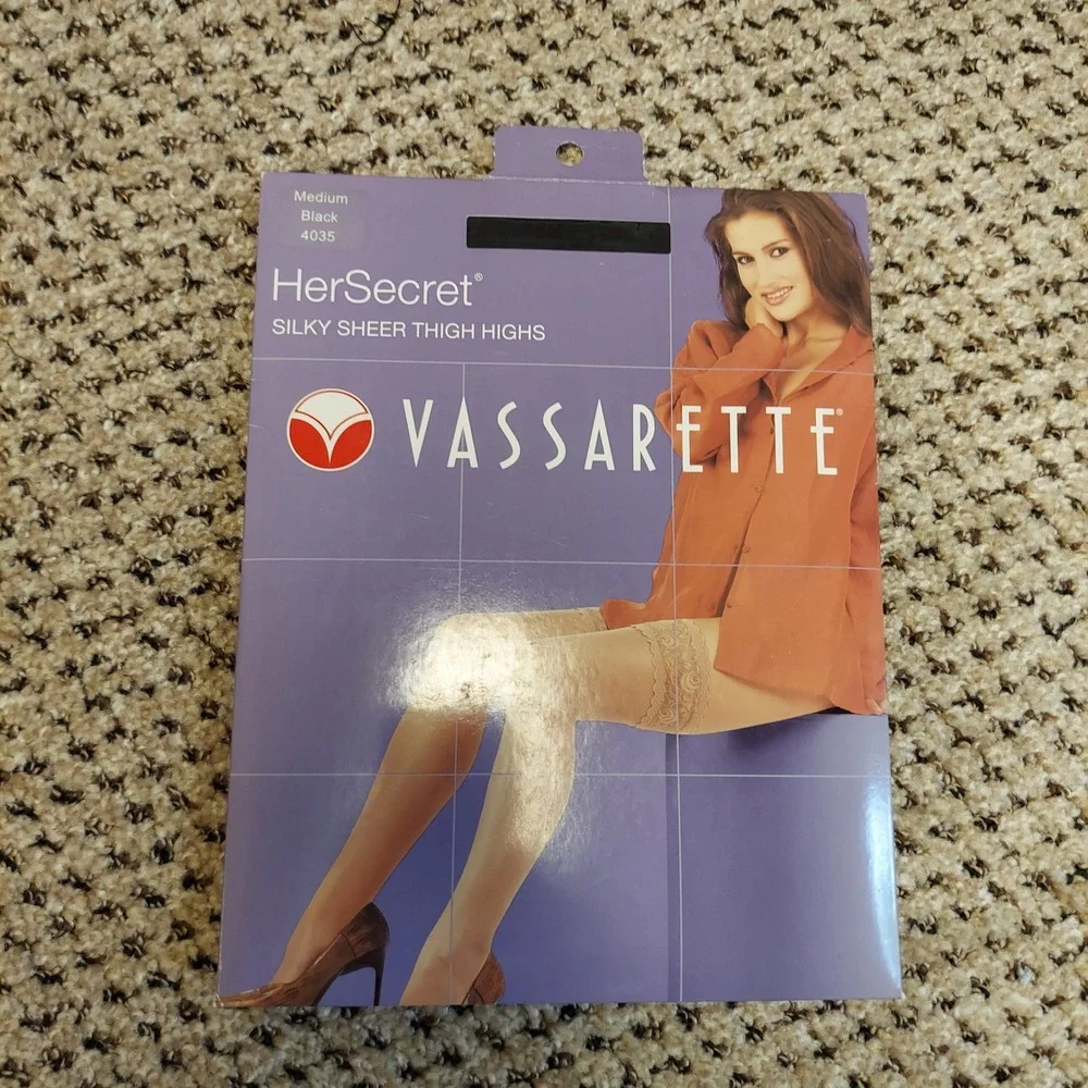 Vassarette HerSecret Silky Sheer Thigh Highs 4035 Beige Black Medium 2 Pair Lot